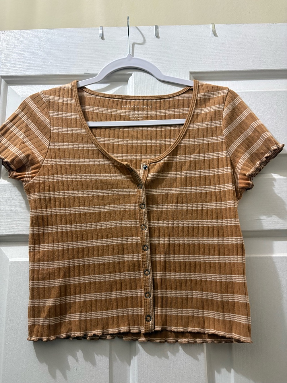 American Eagle Outfitters Tan and Cream Striped Button-Front Ribbed Tee